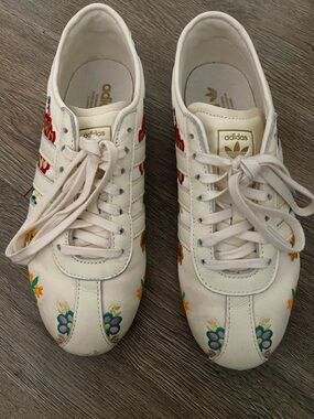 adidas Cream Leather Sneakers with Multicolor Floral Embroidery